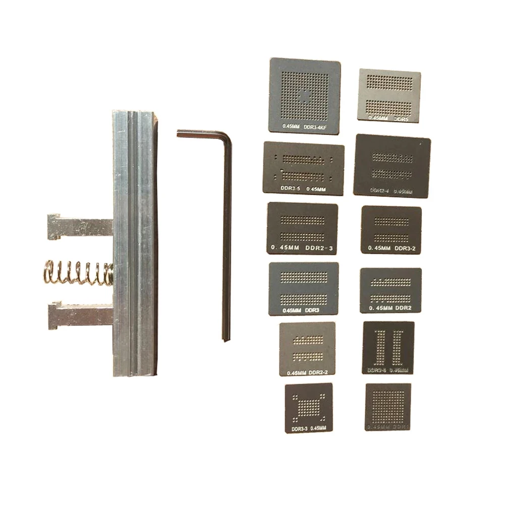 14pcs BGA Directly Heat Rework Reballing Universal Stencil+Reballing Station For DDR2 DDR3 DDR2-3 DDR5 Welding Rework Repair
14pcs BGA Directly Heat Rework Reballing Universal Stencil+Reballing Station For DDR2 DDR3 DDR2-3 DDR5 Welding Rework Repair