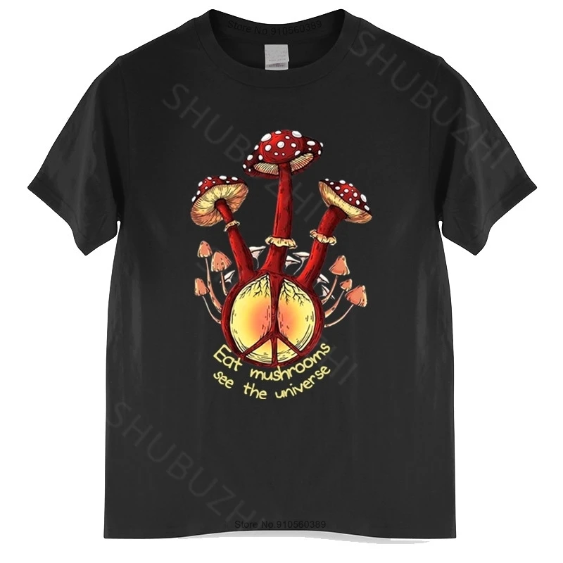 

Hippie Eats Mushrooms See The Universe T Shirt Black Cotton Men Cartoon t shirt Summer New tshirt Euro Size Tops