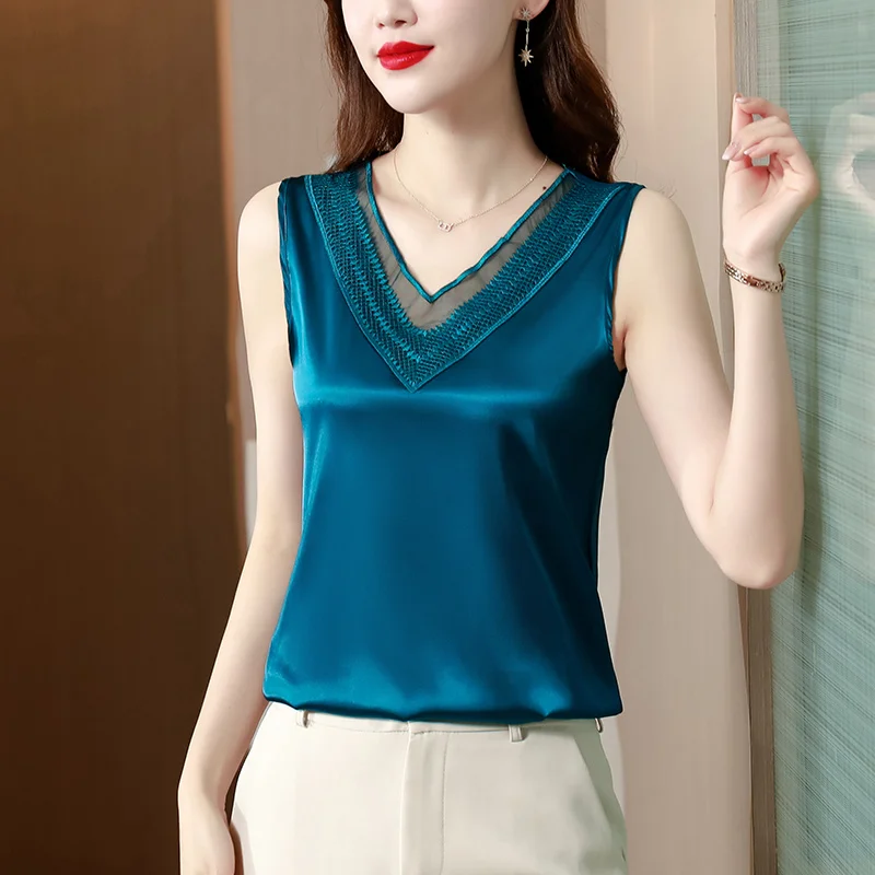 #1189 Satin Tank Top Women Summer Silk Tank Tops Tees Solid Color Office Basic Sexy Tops Female V-neck Spliced Mesh Summer 2023
#1189 Satin Tank Top Women Summer Silk Tank Tops Tees Solid Color Office Basic Sexy Tops Female V-neck Spliced Mesh Summer 2023