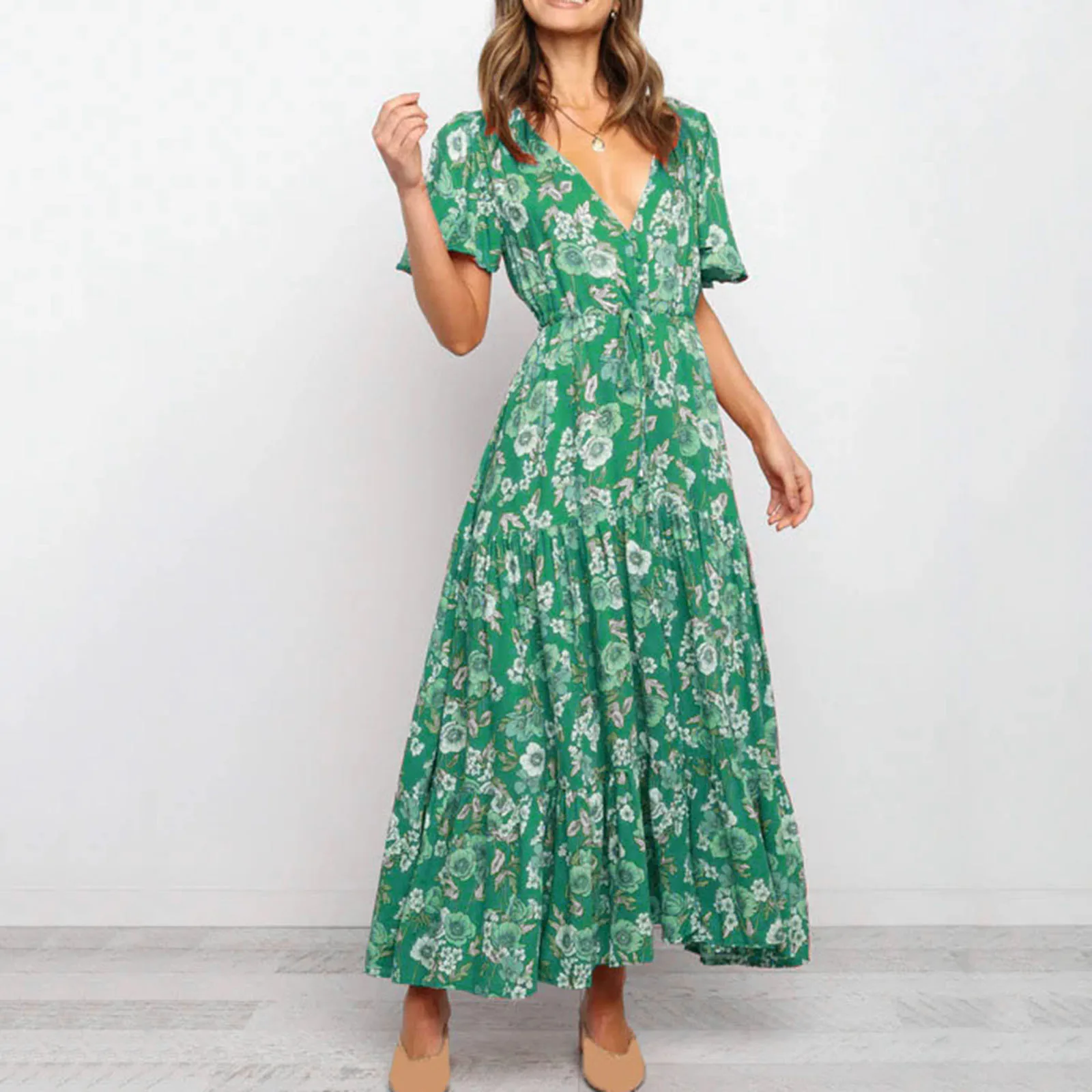 Women Summer Floral Maxi Dresses Vintage Casual Wrap V Neck Short Sleeve High Waist Party Dress Bohemian Plested Long Dress 
Women Summer Floral Maxi Dresses Vintage Casual Wrap V Neck Short Sleeve High Waist Party Dress Bohemian Plested Long Dress