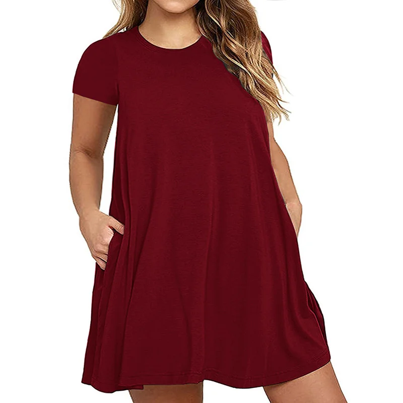 

Summer Plus Size Short Women Sleeve Round Neck Dress Bust 130 6XL 7XL Blue Burgundy