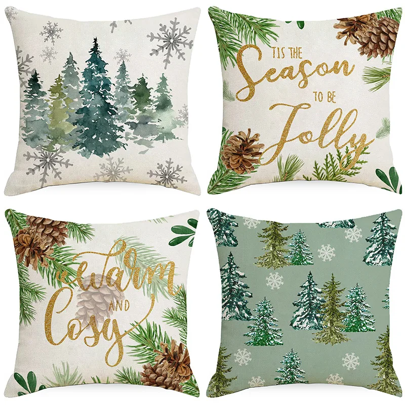 

45X45cm Christmas Pillowcase Snowflake Xmas Tree Pillow Case Linen Pillowcover Merry Christmas Decor For Home Sofa Cushion Cover