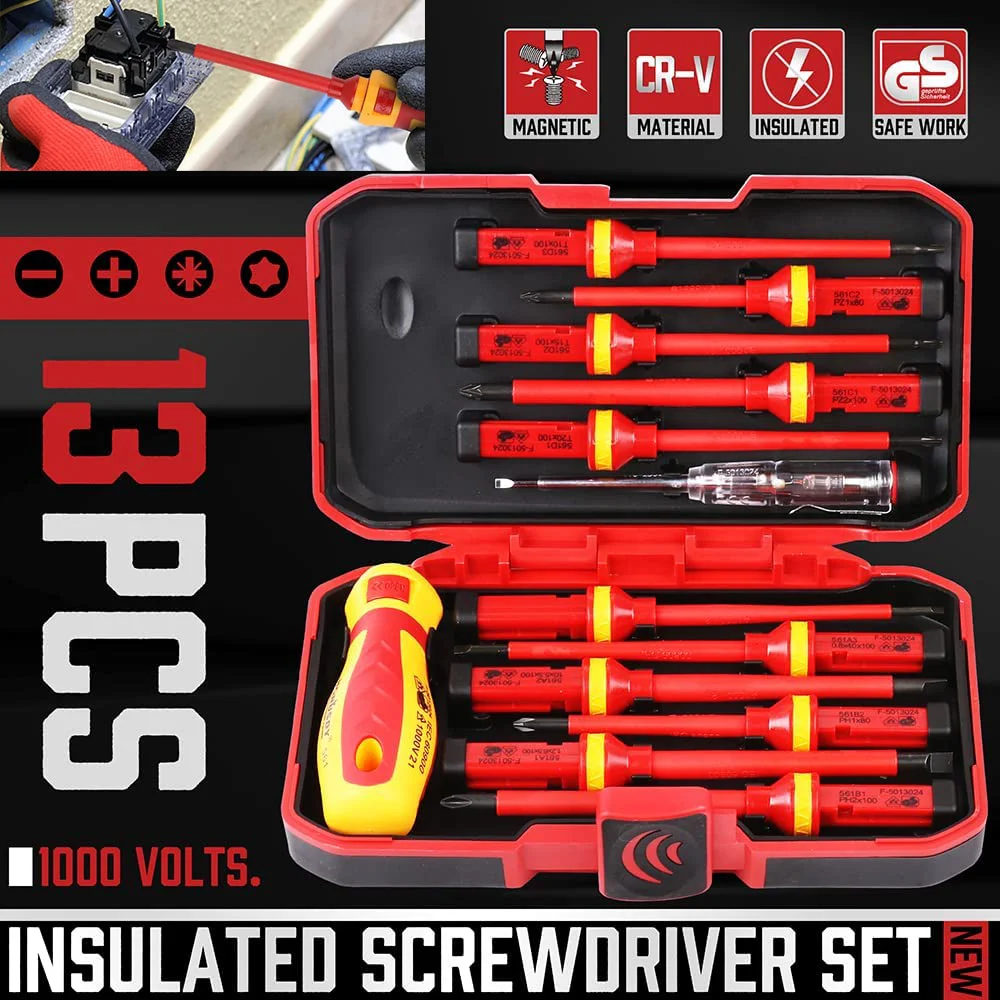 13 PCS 1000V Changeable Insulated Screwdriver Set And Magnetic Slotted Bits Repair Tool Electrician Tools
13 PCS 1000V Changeable Insulated Screwdriver Set And Magnetic Slotted Bits Repair Tool Electrician Tools
