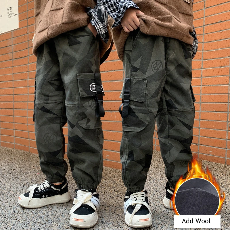 

New Winter Thicken Add Wool Trousers for Big Boys Cotton Teenage Camouflage Joggers Pant Army Green Warm Cargo Pants 8 To 12Year