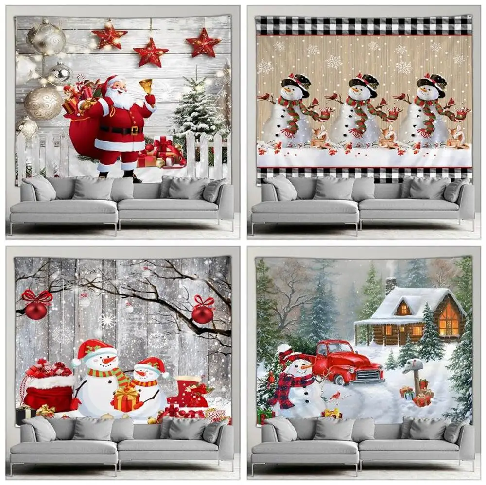 

Christmas Hippie Big Tapestry Chinese Door Winter Castle Xmas Trees Cute Snowman Cartoon Car Party Decor Wall Hanging Blankets