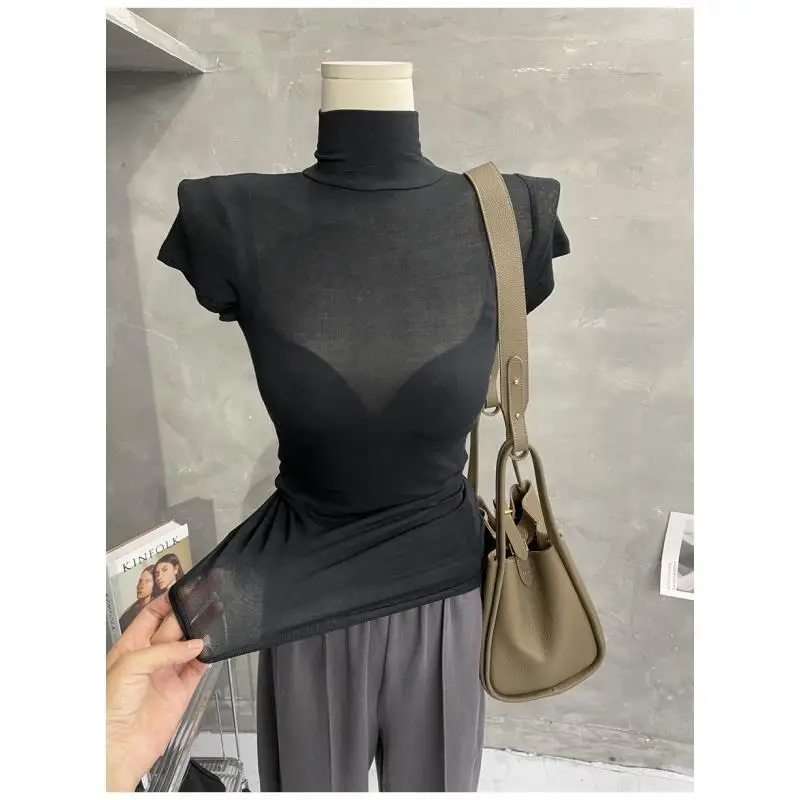 Wholesale Summer Women See-through Tops Turtleneck T Shirts Short Sleeve Solid Basic Slim T Shirt Elastic Tight Female Thin Top
Wholesale Summer Women See-through Tops Turtleneck T Shirts Short Sleeve Solid Basic Slim T Shirt Elastic Tight Female Thin Top