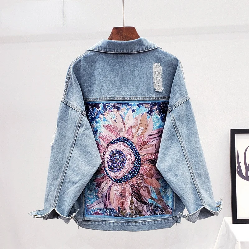 Streetwear Style Print Women Denim Jacket Coat Diamonds Hole Bf Jeans Outwear Female Spring Autumn Casual Loose Cowboy Outwear 
Streetwear Style Print Women Denim Jacket Coat Diamonds Hole Bf Jeans Outwear Female Spring Autumn Casual Loose Cowboy Outwear