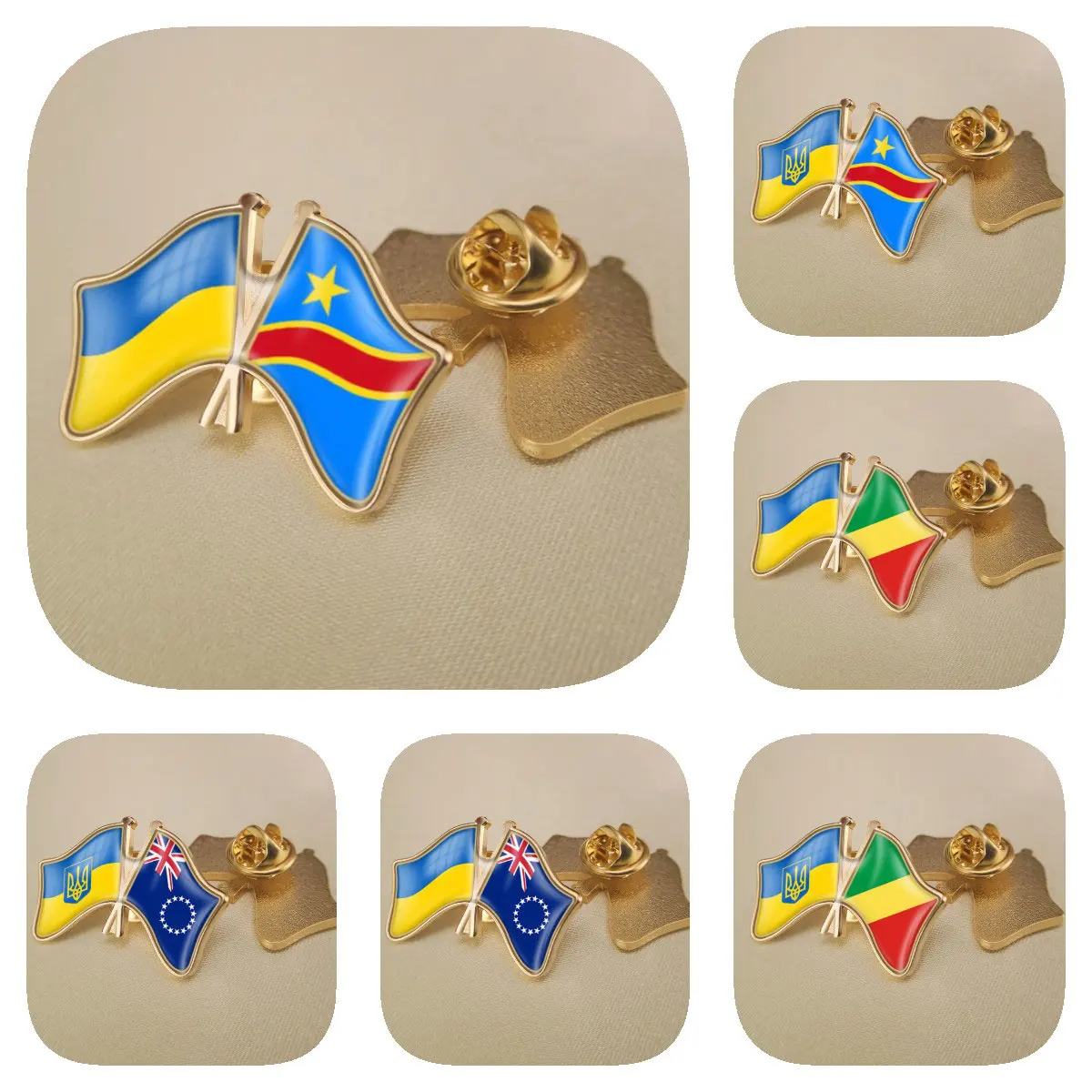 

Ukraine and Congo Democratic Republic Congo Republic Cook Islands Double Crossed Friendship Flags Brooches Lapel Pins Bradges