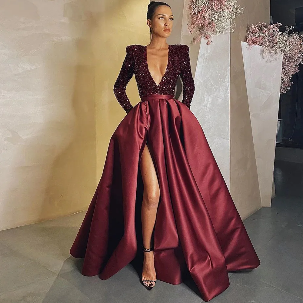 Elegant Satin Evening Dresses Long Sequined Sexy Deep V Neck Side Slit Formal Prom Dress Simple Ruched Robe De Soiree
Elegant Satin Evening Dresses Long Sequined Sexy Deep V Neck Side Slit Formal Prom Dress Simple Ruched Robe De Soiree