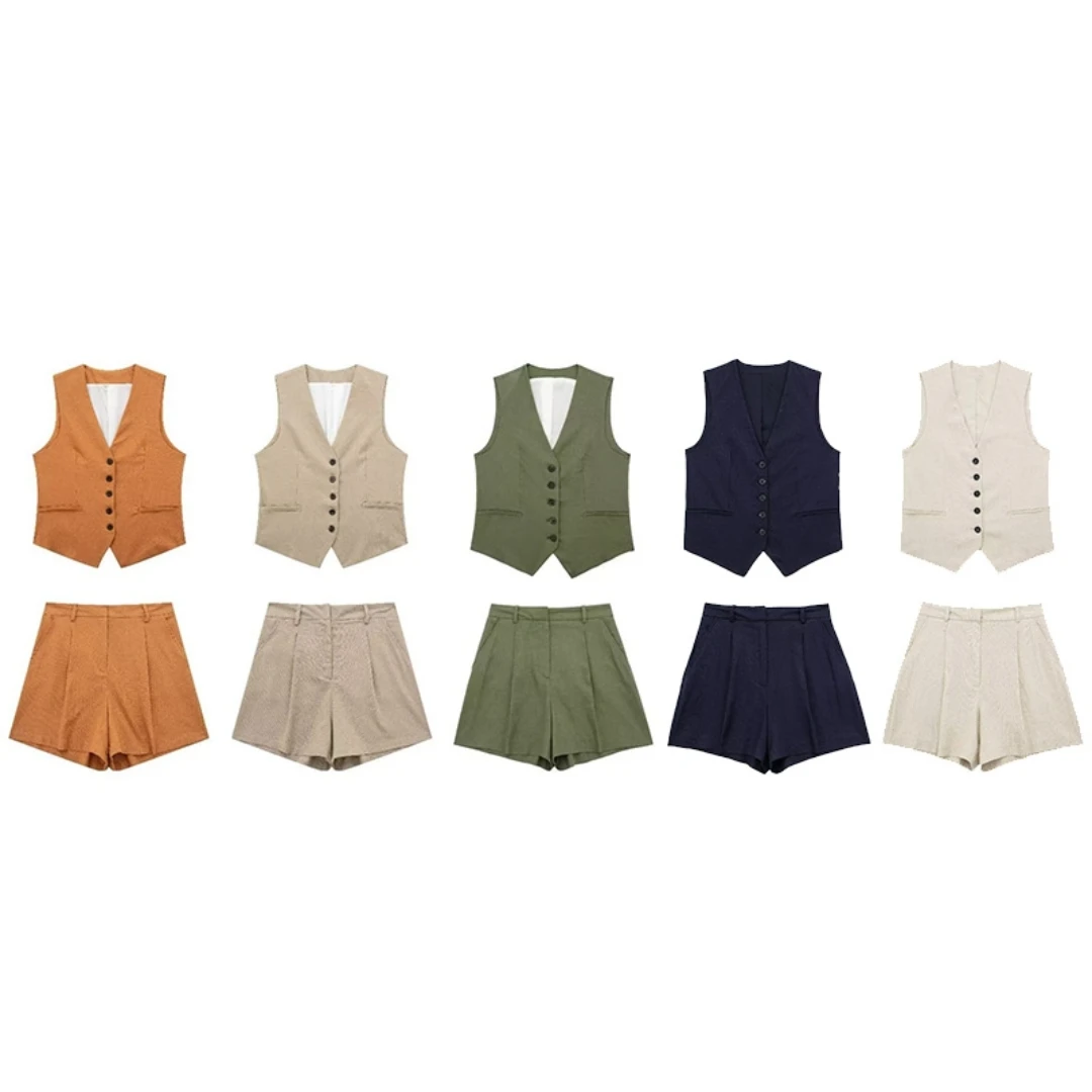 Женский однотонный жилет с V-образным вырезом, однобортный жилет из смешанного льна, базовые повседневные шорты мини, костюм для лета 2023
Женский однотонный жилет с V-образным вырезом, однобортный жилет из смешанного льна, базовые повседневные шорты мини, костюм для лета 2023