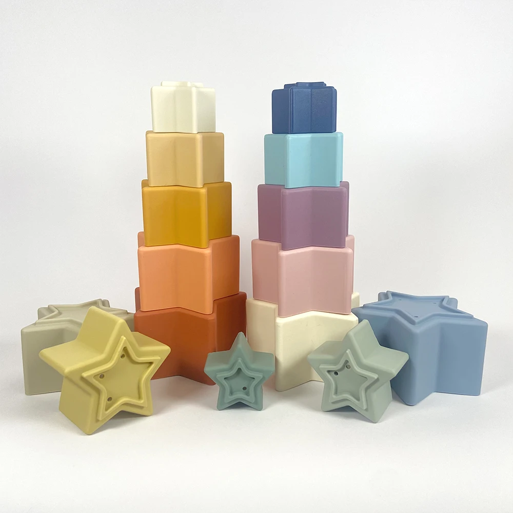 1Set Silicone Stacking Toys Baby Teether Soft Building Block Star Bath Early Educational Montessori Tower Newborn Gift Kids Toy - купить по