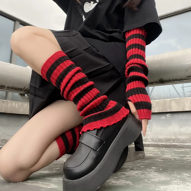 

Japanese Harajuku Leg Warmer Women Gyaru Leg Warmers Kawaii Y2k Knitted Stripe Socks Lolita Winter Leg Cover Y2k JK Boots Cuff
