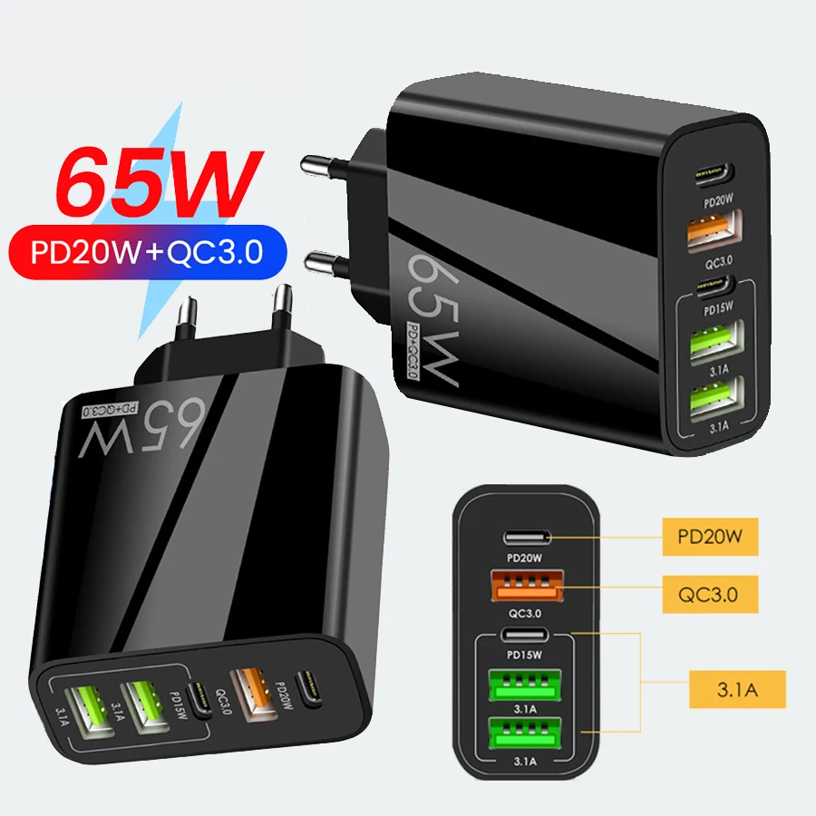 65W USB C charger QC3.0 fast 5 Ports PD USB Type C charging for iphone 13 12 xiaomi Samsung S20 huawei usb c Power adapter
65W USB C charger QC3.0 fast 5 Ports PD USB Type C charging for iphone 13 12 xiaomi Samsung S20 huawei usb c Power adapter