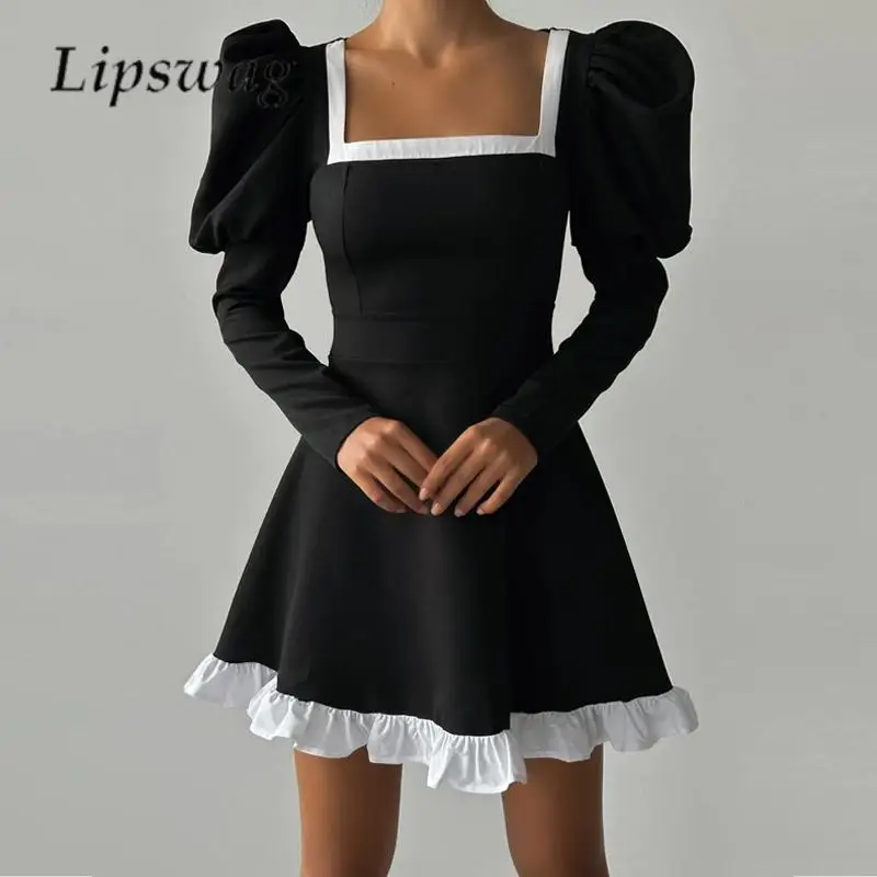 

Мини-платье с квадратным вырезом и длинным рукавом-фонариком, модель 2023 года, французское модное черное платье для свиданий, женские платья-трапеции контрастных цветов