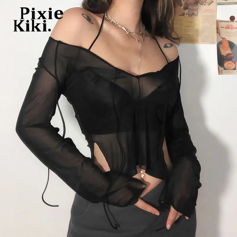 Пикантные черные футболки PixieKiki на шнуровке с V-образным вырезом и длинным
