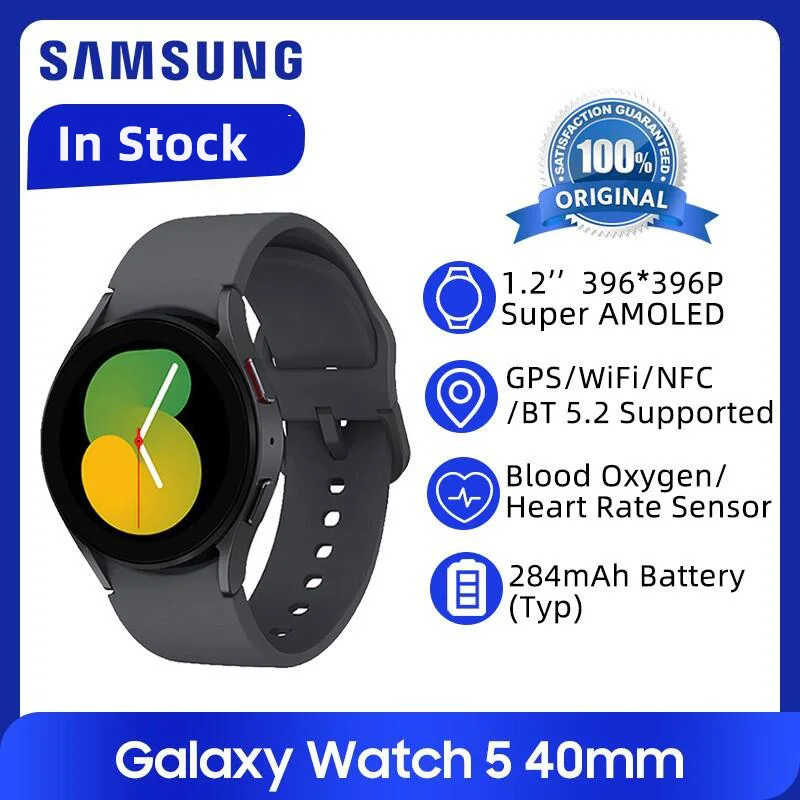 Смарт-часы Samsung Galaxy Watch 5 40 мм R900, 1,2 дюйма, Super AMOLED экран, измерение уровня кислорода в крови, пульса, аккумулятор 284 мАч, GPS 
Смарт-часы Samsung Galaxy Watch 5 40 мм R900, 1,2 дюйма, Super AMOLED экран, измерение уровня кислорода в крови, пульса, аккумулятор 284 мАч, GPS