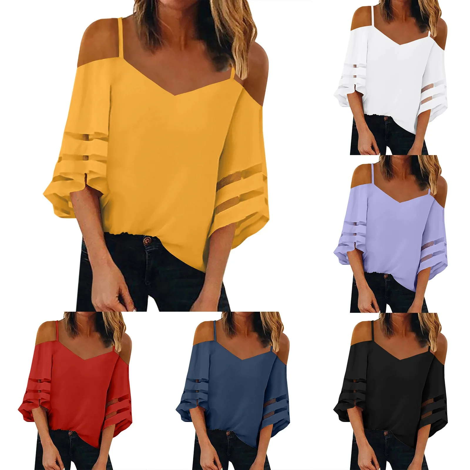 

Women Sexy Off Shoulder Mesh Top Spaghetti Straps Cold Shoulders Streetwear Blouse 2023 Summer New Elegant Tops Blusas y Camisas