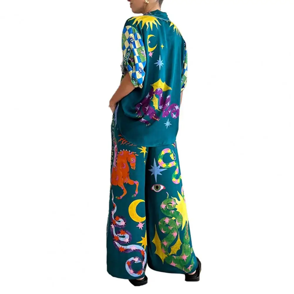 Women Shirt Pants Set Charming Cartoon Print Women's Casual Outfit Lapel Shirt High Waist Wide Leg Pants Set for Any Occasion
Women Shirt Pants Set Charming Cartoon Print Women's Casual Outfit Lapel Shirt High Waist Wide Leg Pants Set for Any Occasion