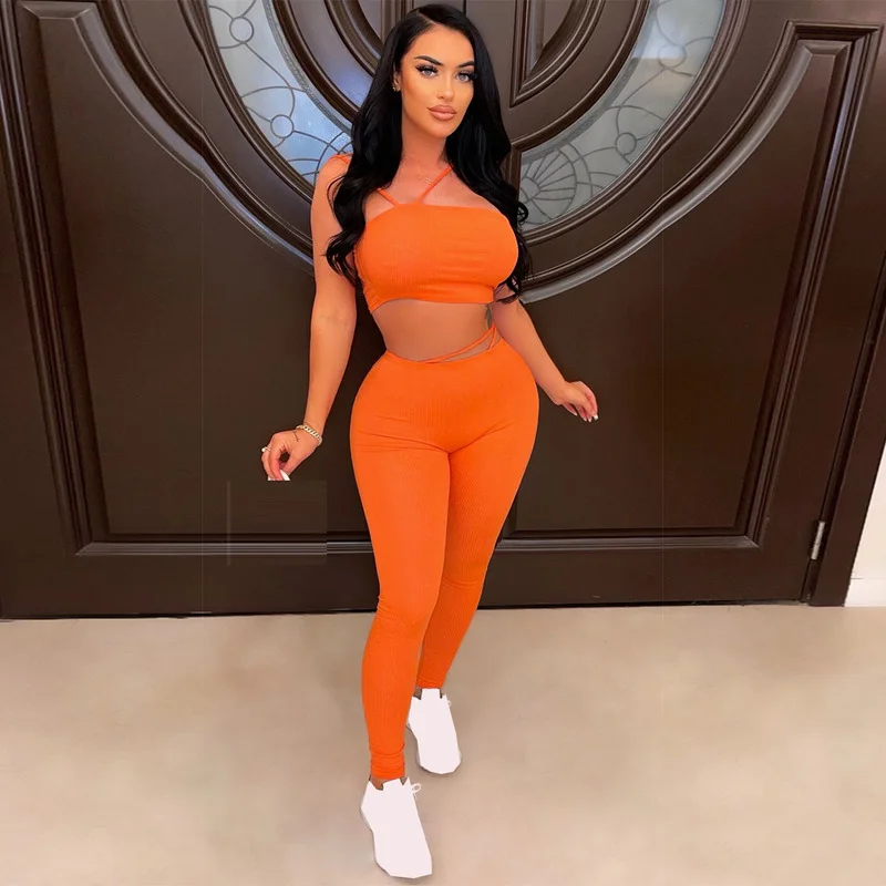 

WUHE Soild Workout Knit Ribbed Women Two Piece Set Outfits Sweatsuit 2023 Summer Crop Top and Legging Pants Matching Tracksuit