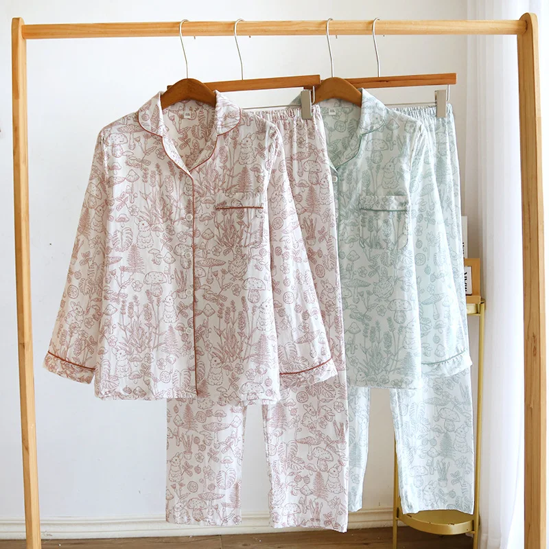 

Осенняя Пижама, женские тонкие брюки с длинным рукавом, комплект домашней одежды, хлопковый марлевый кардиган, одежда для сна с мультяшным принтом, удобная домашняя одежда