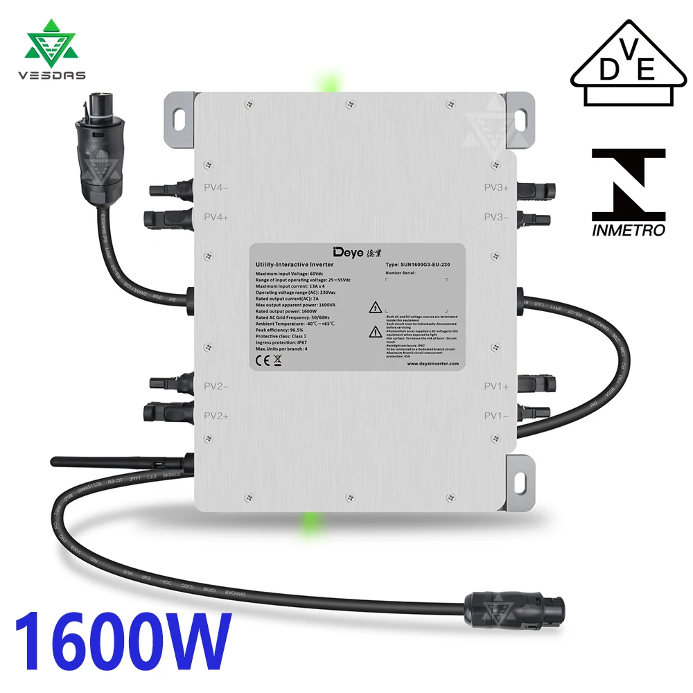 INMETRO VDE IEC 4MPPT Deye 1600W Limiter Solar Micro Inverter IP67, Built-In WiFI, Can Connect Four 400W PV, Ship From EU Brazil
INMETRO VDE IEC 4MPPT Deye 1600W Limiter Solar Micro Inverter IP67, Built-In WiFI, Can Connect Four 400W PV, Ship From EU Brazil
