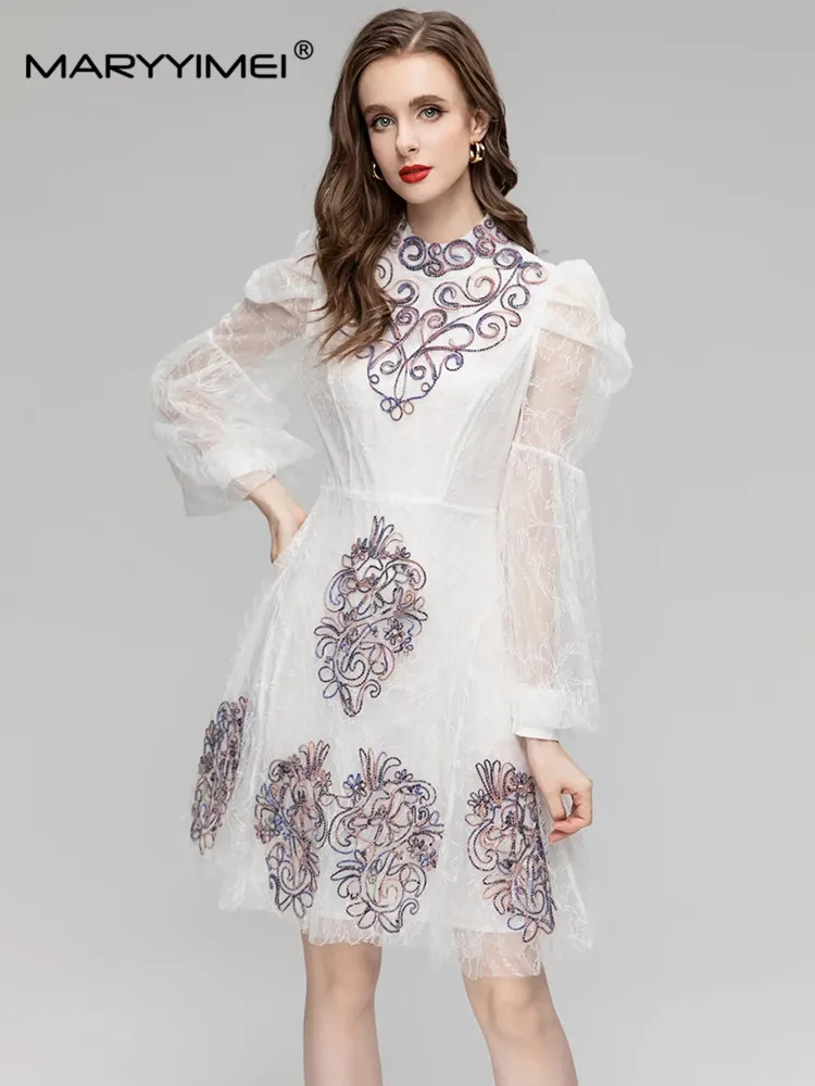 MARYYIMEI Lantern Sleeve Standing Collar Fashion Women's Mesh dress Spring Autumn Embroidery Waist Up Holiday Mini Dresses
MARYYIMEI Lantern Sleeve Standing Collar Fashion Women's Mesh dress Spring Autumn Embroidery Waist Up Holiday Mini Dresses