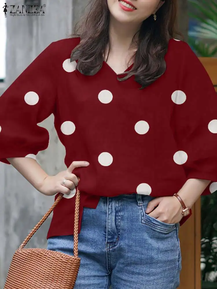 

Summer Female Work Blusas Elegant Women Blouse ZANZEA Fashion Polka Dots Printed Shirts 3/4 Sleeve O-Neck Shirt Causal Tunic Top