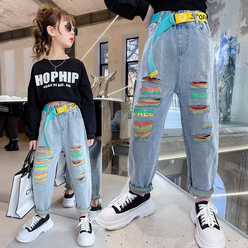 

Korean ripped jeans teenage girls pants holes letters kids straight distressed capris graffiti jeans blue denim 4 to 16 yrs