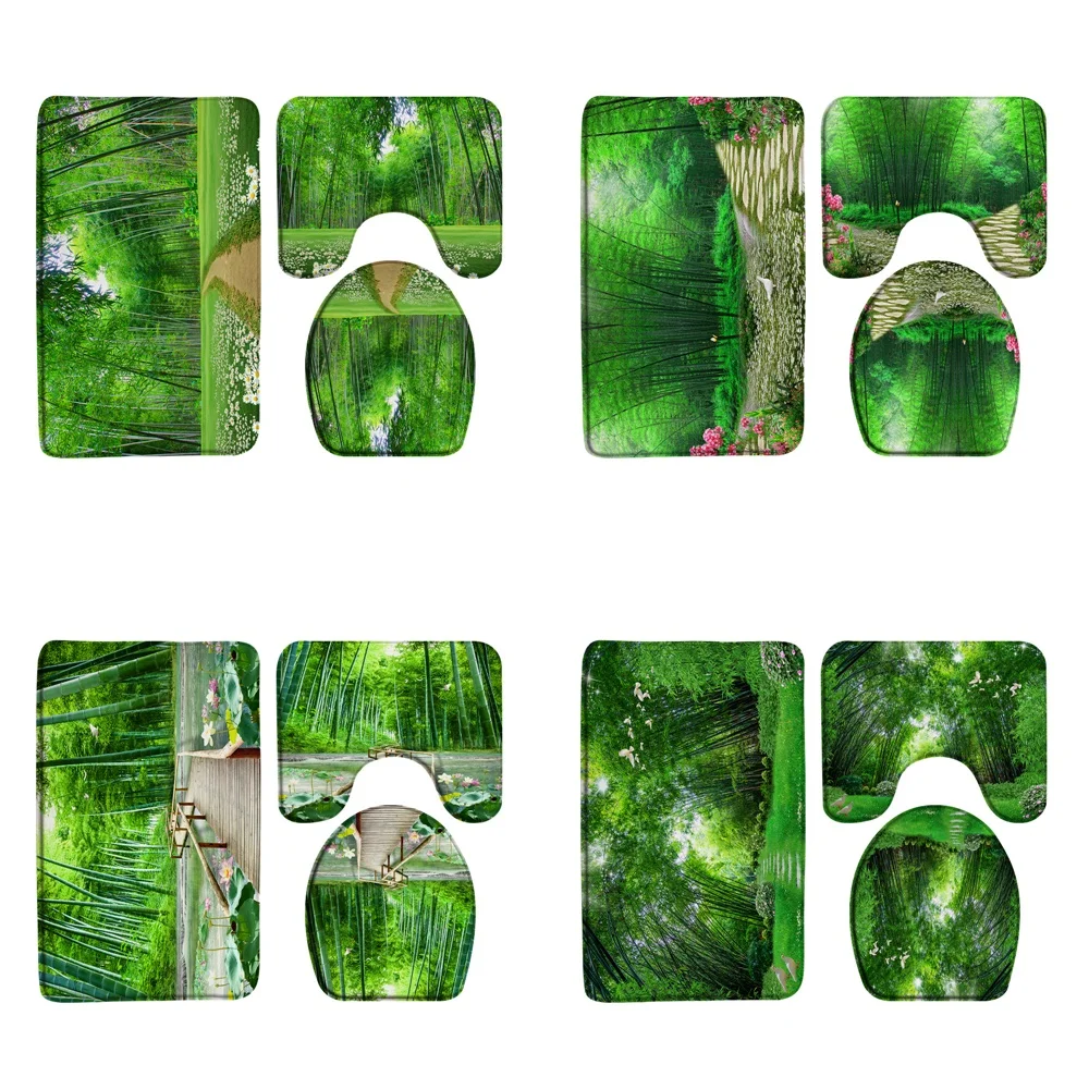 

Зеленый пейзаж, набор ковриков для ванной, сад, бамбуковый лес, дорога, голубь, ванная комната, декоративный Придверный коврик, Нескользящие коврики, крышка для туалета