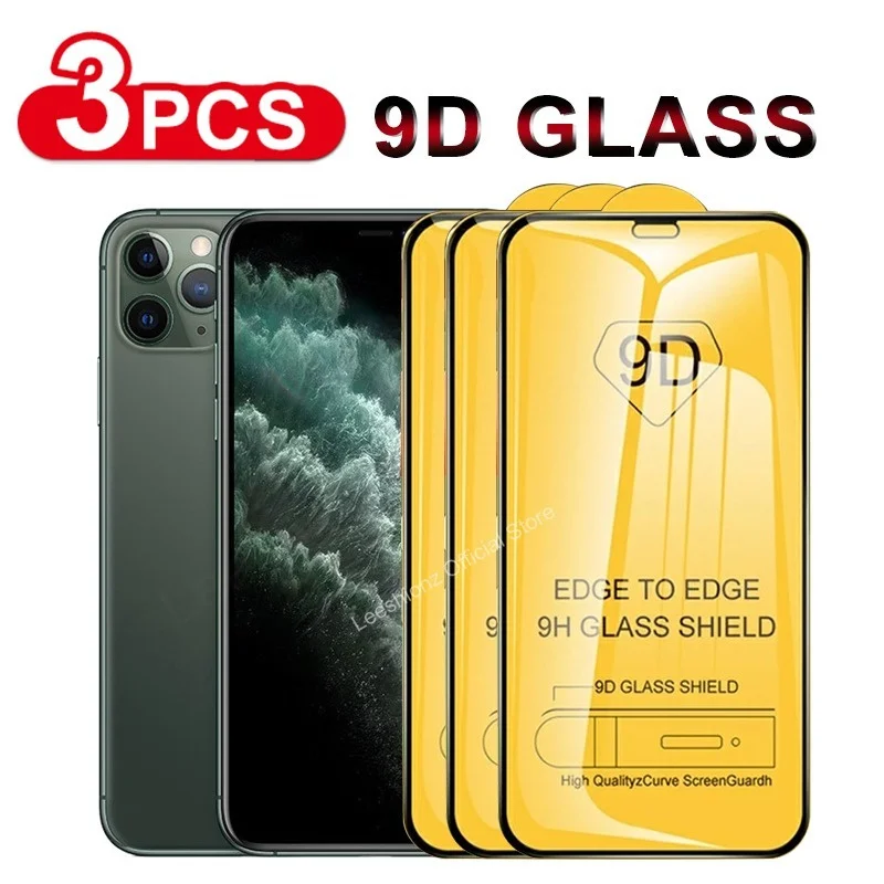 

Закаленное стекло 9D для iPhone, защитное стекло с полным покрытием для iPhone 11 12 13 Pro Max X Xr Xs Max 7 8 6S Plus SE2020, 3 шт.
