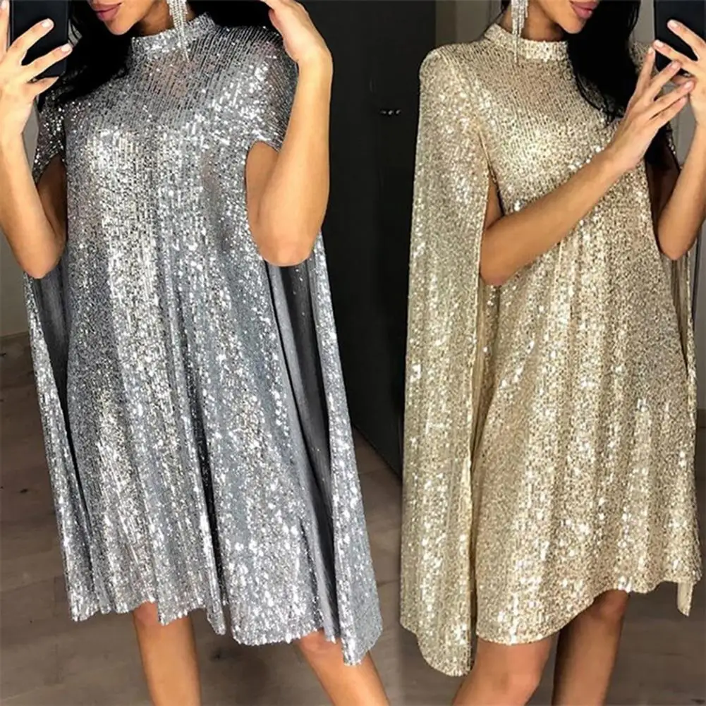 

Sexy Party Sequin Glitter Dress Mock Neck Cape Design Sequins Cloak Sleeves Dresses Pink Black Gold Gray