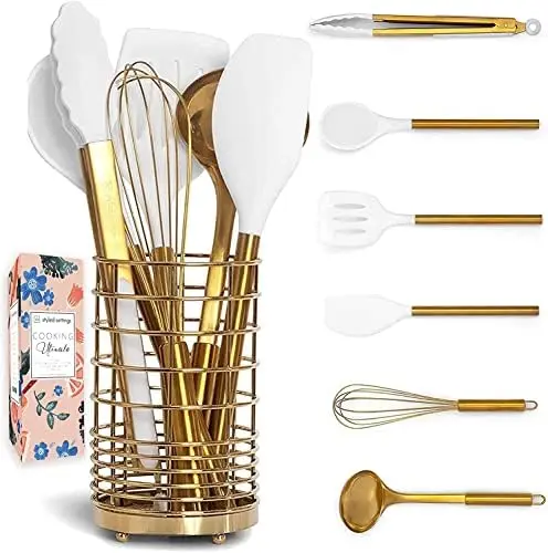Silicone and Gold Cooking Utensils Set with Gold Utensil 7PC Set Includes White Utensils Set,Gold Spatula,Gold Whisk - White a
Silicone and Gold Cooking Utensils Set with Gold Utensil 7PC Set Includes White Utensils Set,Gold Spatula,Gold Whisk - White a
