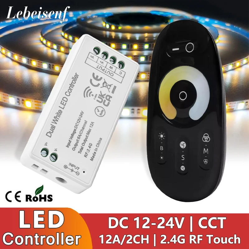 12A Dual White LED Controller CCT Dimmer with 2.4G Wireless RF Full Touch Remote Control for DC 12V 24V 2 Channel Light Strip
12A Dual White LED Controller CCT Dimmer with 2.4G Wireless RF Full Touch Remote Control for DC 12V 24V 2 Channel Light Strip