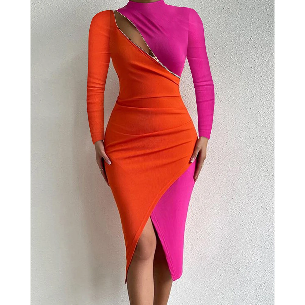 

Sexy Women's Dresses 2022 Summer Fashion Colorblock Patchwork Cutout One Shoulder Long Sleeve Midi Bodycon Slit Dress