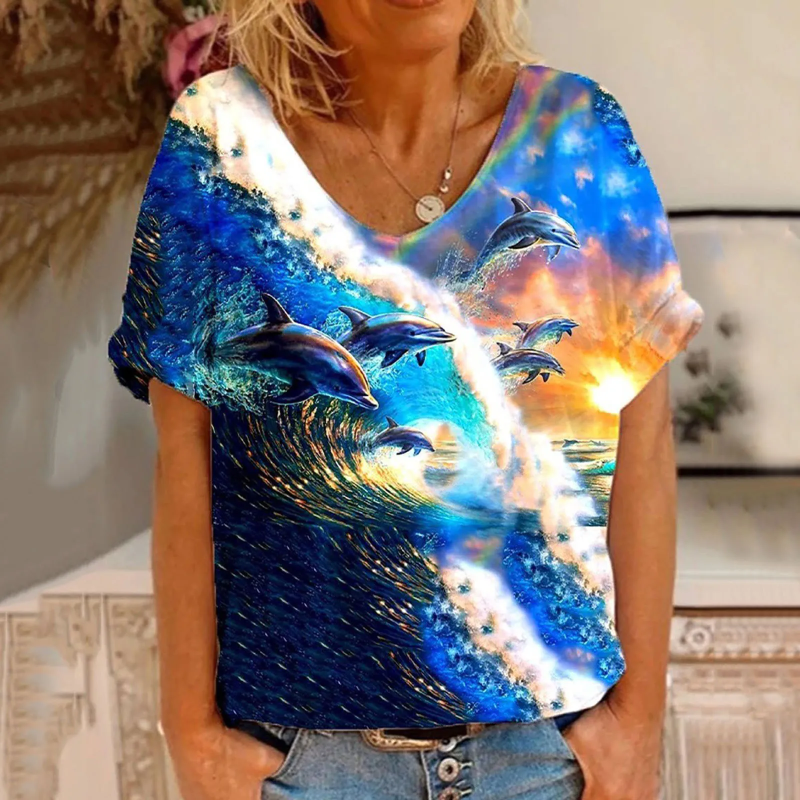 Dolphin Print Women Tee Shirt Summer Women's Casual Fashion Loose V-Neck Marine Animal Print Short-Sleeved Tops Ladies Clothing
Dolphin Print Women Tee Shirt Summer Women's Casual Fashion Loose V-Neck Marine Animal Print Short-Sleeved Tops Ladies Clothing