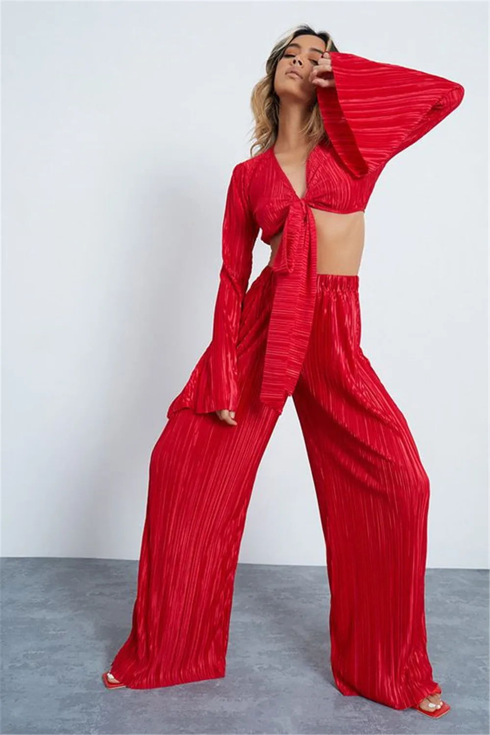 Women Two-piece Pants Suit Solid Color Deep V-neck Tie Front Crop Tops and Straight-leg Trousers Outfit
Women Two-piece Pants Suit Solid Color Deep V-neck Tie Front Crop Tops and Straight-leg Trousers Outfit