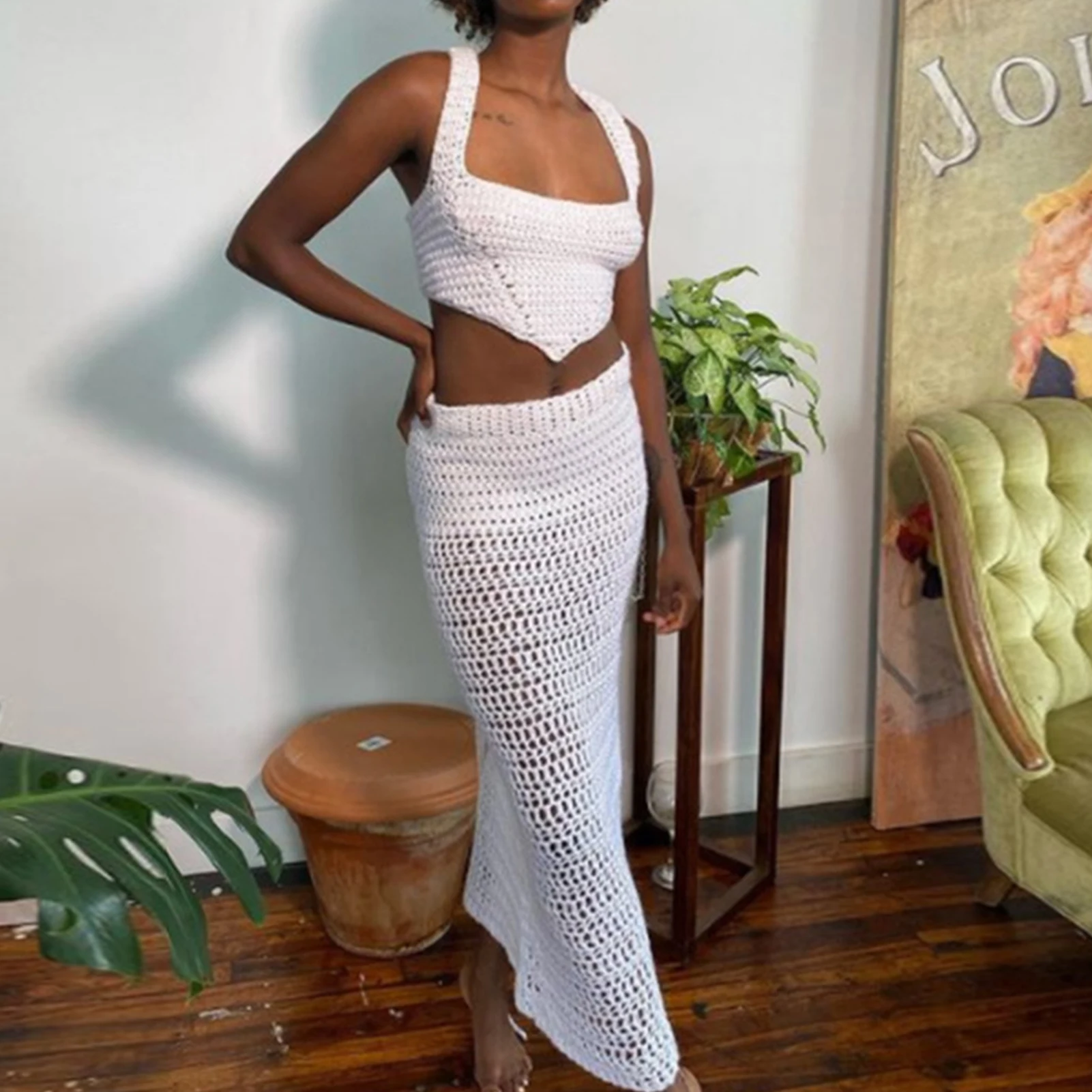 Summer Knitted Long Skirts Sets Korean Sexy Hollow Out Lace Up Crop Top Long Skirts Suits Elegant Temperament Matching Sets
Summer Knitted Long Skirts Sets Korean Sexy Hollow Out Lace Up Crop Top Long Skirts Suits Elegant Temperament Matching Sets