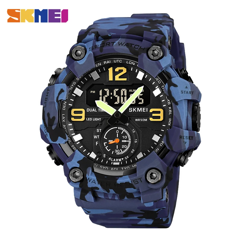 

SKMEI 2 Time Display Analog LED Light Electronic Wristwatch Chrono Digital Sport Watches Clock 50M Waterproof relogio masculino
