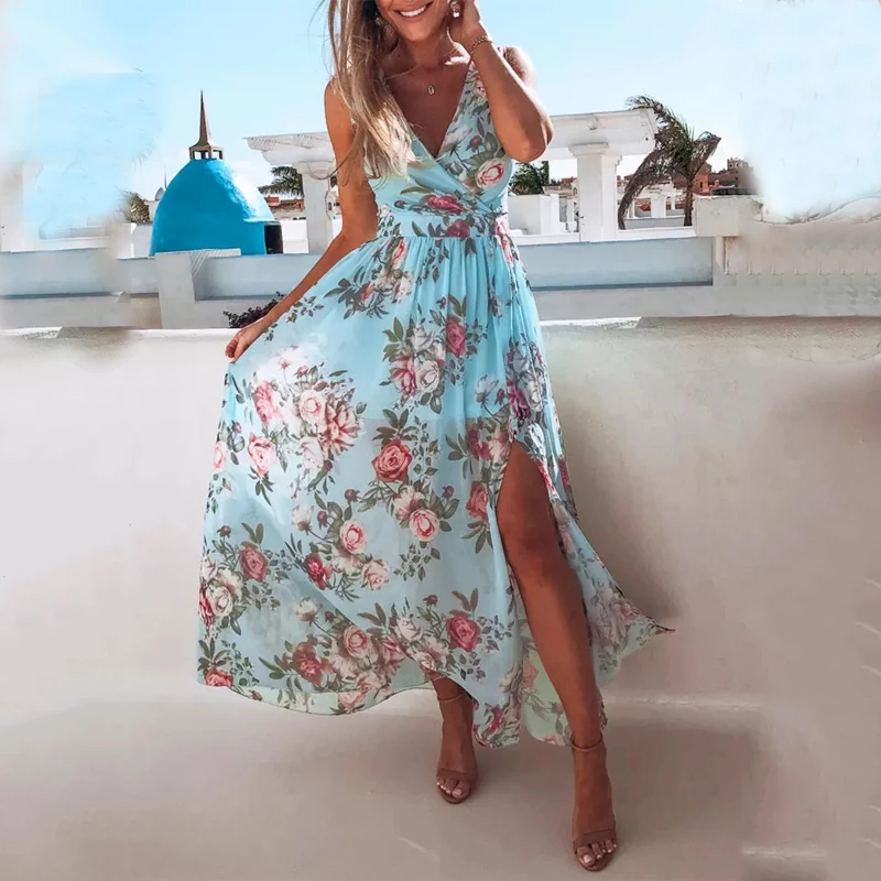 Summer Sexy V-neck Slit Long Dress Beach Floral Blue Casual Sleeveless Sweet Dress Women Clothing Vestidos Elegantes Para Mujer
Summer Sexy V-neck Slit Long Dress Beach Floral Blue Casual Sleeveless Sweet Dress Women Clothing Vestidos Elegantes Para Mujer