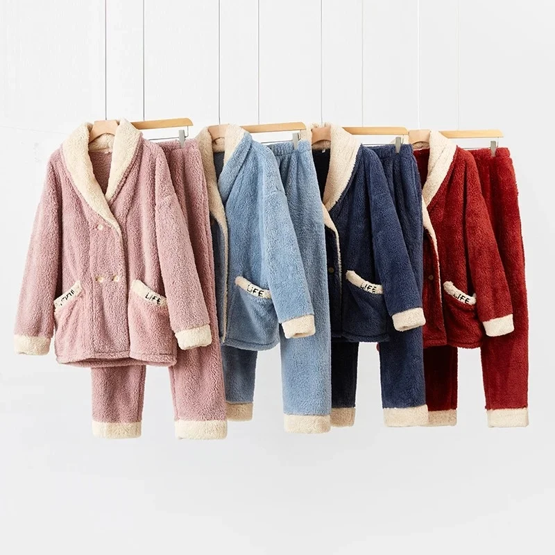 Women Pajama Set Coral Fleece Winter Thick Pikama Suit 2 Pcs with Trousers Loose Solid Button Sleepwear for Female Nightwear
Women Pajama Set Coral Fleece Winter Thick Pikama Suit 2 Pcs with Trousers Loose Solid Button Sleepwear for Female Nightwear
