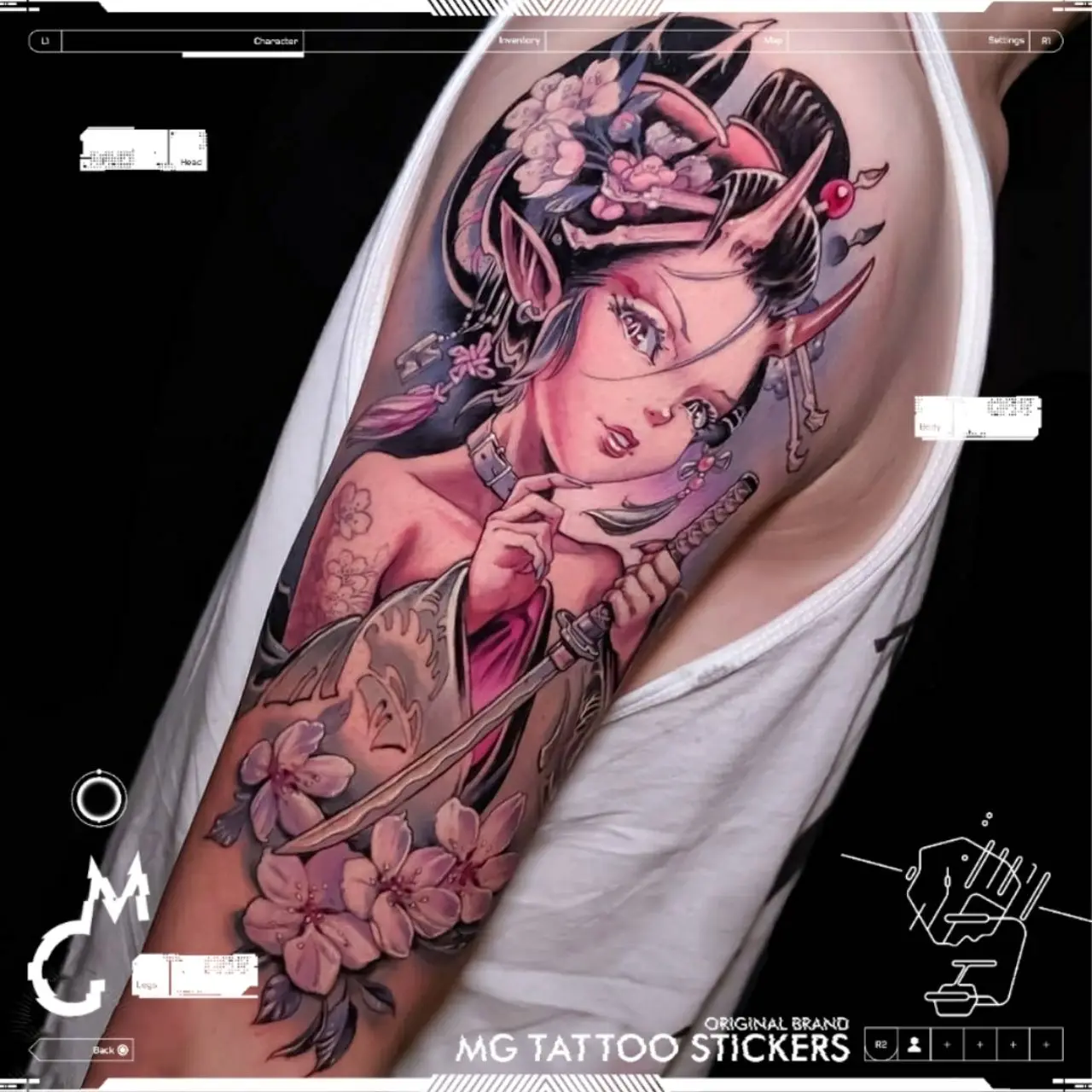

Японские татуировки гейши, наклейки, стойкая татуировка, лиса, ниндзя, девочка, искусство, Временные татуировки, водостойкая татуировка на руку, мультяшная имитация татуировки