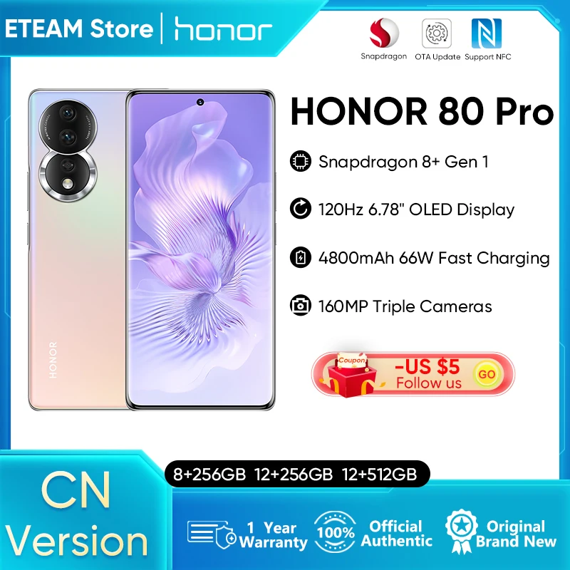 

HONOR 80 Pro 5G Smartphone 6.78" 120Hz OLED Curved Screen Snapdragon 8+ Gen 1 Octa Core 160MP Triple Cameras NFC Mobile Phone