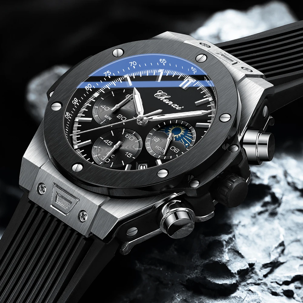 Часы наручные Chenxi Мужские кварцевые с большим циферблатом, модные роскошные спортивные, с хронографом, с датой, 2023