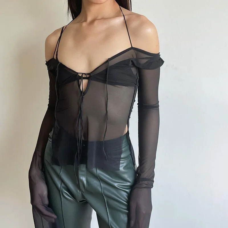 Goth Dark Y2k Punk Mesh See Through T-Shirts Women Cyber Sexy Summer Halter Tops Lace Up Long Sleeve Patchwork Slit Hem Clothes
Goth Dark Y2k Punk Mesh See Through T-Shirts Women Cyber Sexy Summer Halter Tops Lace Up Long Sleeve Patchwork Slit Hem Clothes