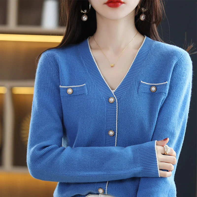 100% Pure Wool Knit Cardigan Ladies V-neck Colorblock Long Sleeve 2022 Spring and Autumn New Sweater Pearl Button Top
100% Pure Wool Knit Cardigan Ladies V-neck Colorblock Long Sleeve 2022 Spring and Autumn New Sweater Pearl Button Top