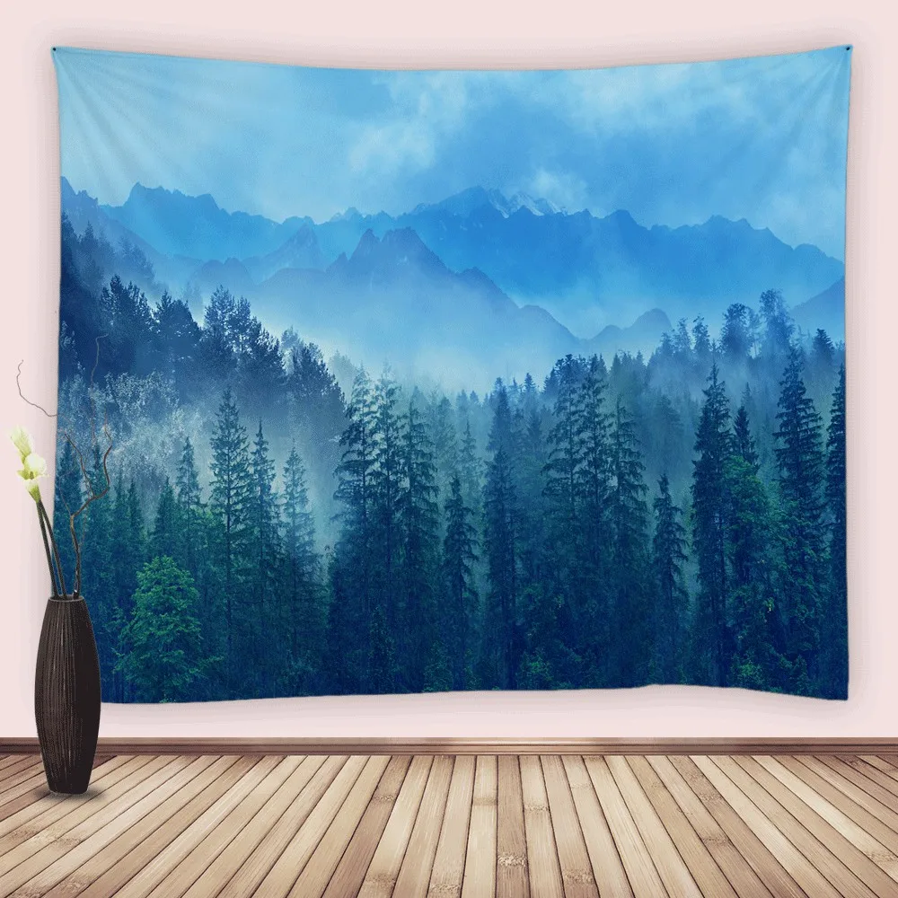 

Green Tapestry Foggy Mountain Forest Misty Woodland Nature Landscape Wall Art Tapestries Hanging Fabric Dorm Living Home Decor