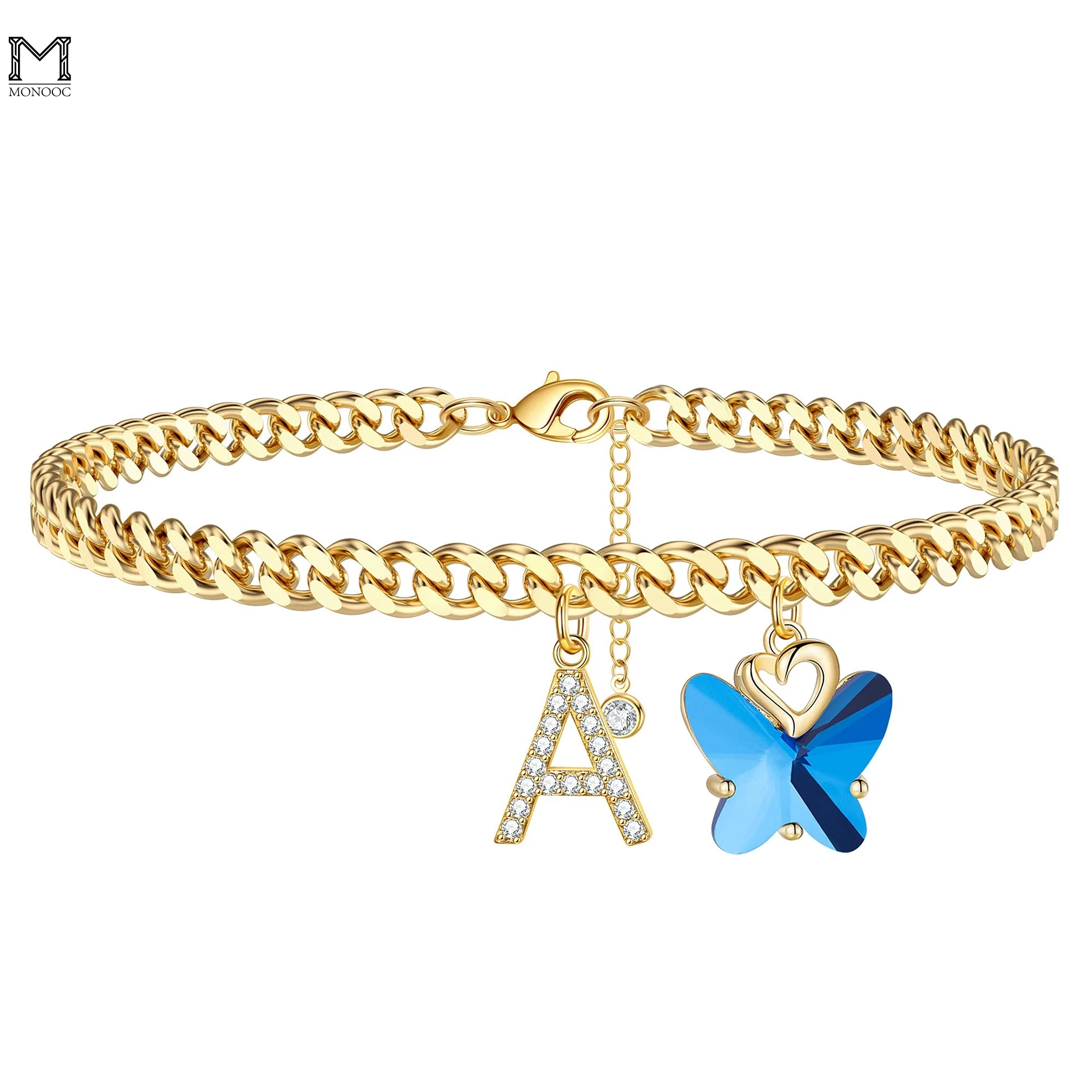 

MONOOC Bracelets 14k Gold Plated Initial Anklets for Women Cuban Link Anklets Beautiful Butterfly Charm Anklet Beach for Women