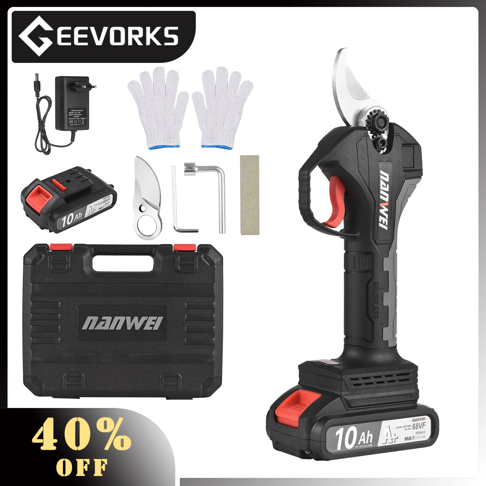 21V Brushless Cordless Electric Pruning Shears Rechargeable 10Ah Lithium Battery Powered Tree Branch Pruner Garden Clippers 30mm
21V Brushless Cordless Electric Pruning Shears Rechargeable 10Ah Lithium Battery Powered Tree Branch Pruner Garden Clippers 30mm