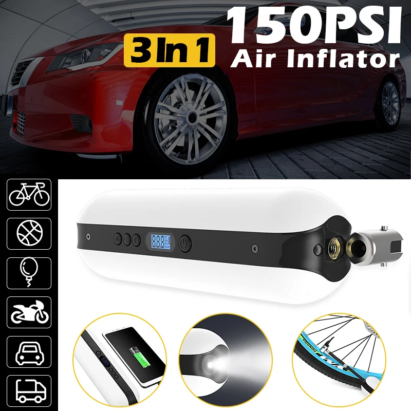 3 In 1 150PSI Air Pump 12V LCD Display High Quality Mobile Power LED Emergency Flashlight Smart Inflator For Car Tires
3 In 1 150PSI Air Pump 12V LCD Display High Quality Mobile Power LED Emergency Flashlight Smart Inflator For Car Tires