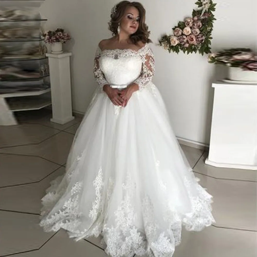 Plus Size Wedding Dress A Line Off the Shoulder Applique Wedding Gowns Lace-up Sweep Train Long Sleeves Illusion Bridal Dress
Plus Size Wedding Dress A Line Off the Shoulder Applique Wedding Gowns Lace-up Sweep Train Long Sleeves Illusion Bridal Dress